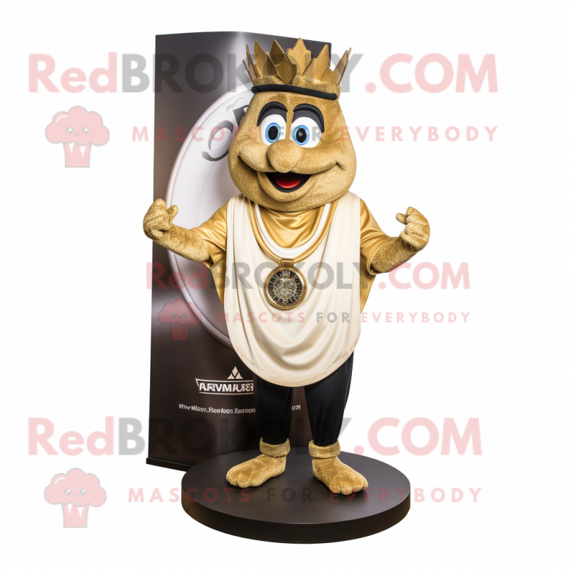 Gold Moussaka mascot costume character dressed with a V-Neck Tee and Bracelet watches