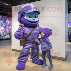 Purple Commando mascot costume character dressed with a Mom Jeans and Brooches
