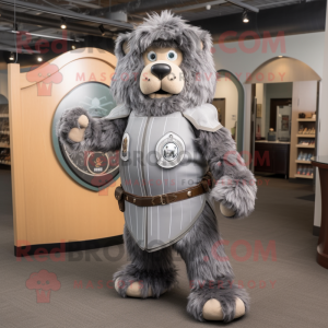 Gray Celtic Shield mascot costume character dressed with a Corduroy Pants and Belts