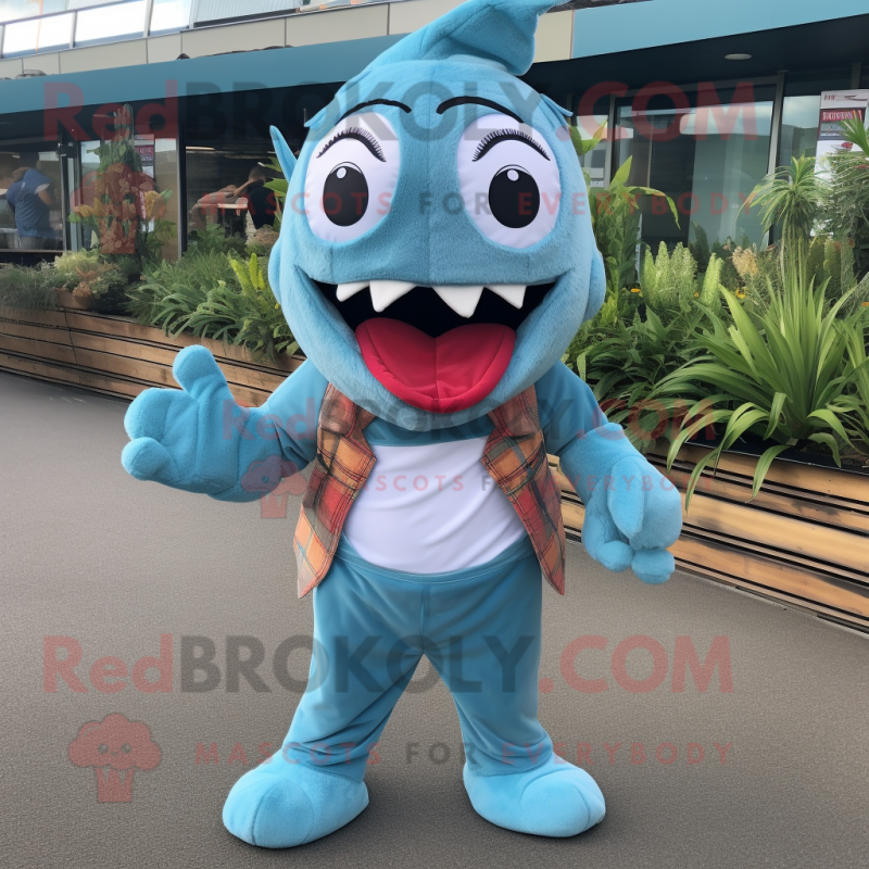 Sky Blue Barracuda mascot costume character dressed with a Dungarees and Cummerbunds