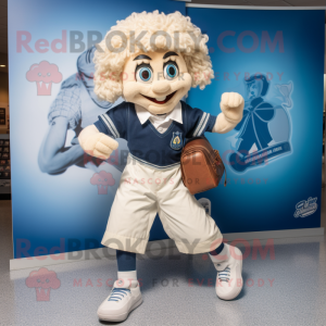 Cream Irish Dancing Shoes mascot costume character dressed with a Chambray Shirt and Messenger bags