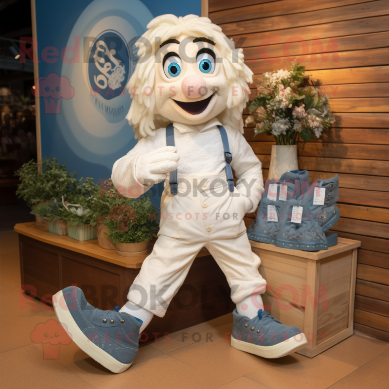 Cream Irish Dancing Shoes mascot costume character dressed with a Chambray Shirt and Messenger bags