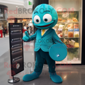 Teal Pho mascot costume character dressed with a Suit and Coin purses