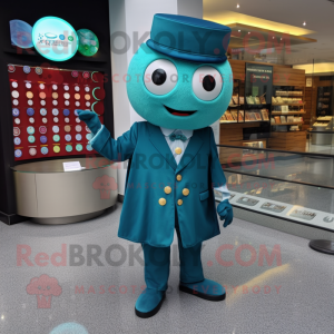 Teal Pho mascot costume character dressed with a Suit and Coin purses