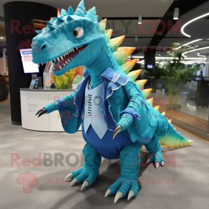 Cyan Spinosaurus mascot costume character dressed with a Wrap Skirt and Backpacks