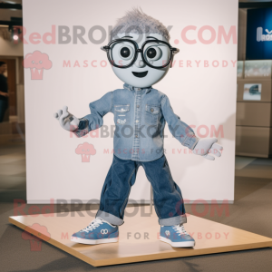 Silver Irish Dancing Shoes mascot costume character dressed with a Chambray Shirt and Eyeglasses