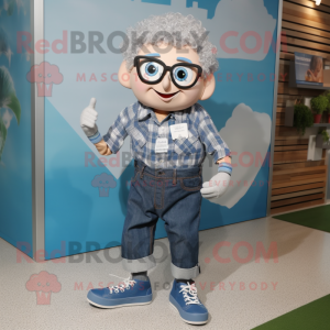 Silver Irish Dancing Shoes mascot costume character dressed with a Chambray Shirt and Eyeglasses