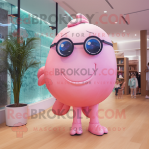 Pink Whale mascot costume character dressed with a Shift Dress and Eyeglasses