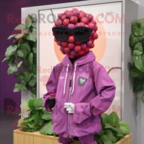 Pink Grape mascot costume character dressed with a Jacket and Sunglasses