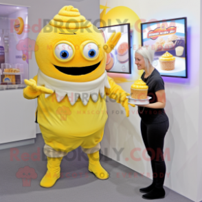 Yellow Cupcake mascot costume character dressed with a Turtleneck and Bracelet watches