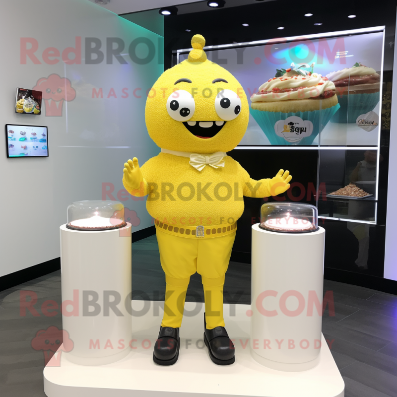 Yellow Cupcake mascot costume character dressed with a Turtleneck and Bracelet watches