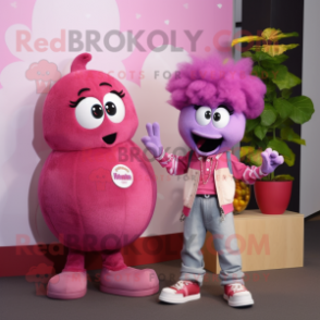 Pink Grape mascot costume character dressed with a Boyfriend Jeans and Coin purses