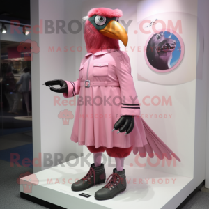 Pink Crow mascot costume character dressed with a A-Line Dress and Shoe clips