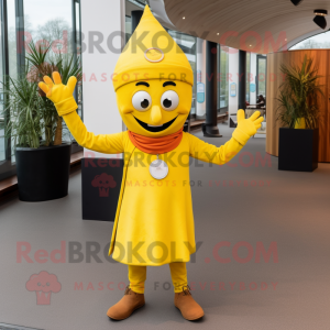 Yellow Tikka Masala mascot costume character dressed with a Flare Jeans and Rings