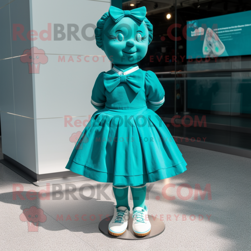 Teal Irish Dancing Shoes mascot costume character dressed with a Pleated Skirt and Bow ties