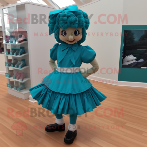 Teal Irish Dancing Shoes mascot costume character dressed with a Pleated Skirt and Bow ties