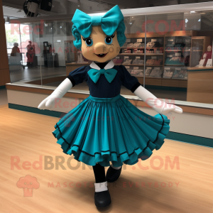 Teal Irish Dancing Shoes mascot costume character dressed with a Pleated Skirt and Bow ties