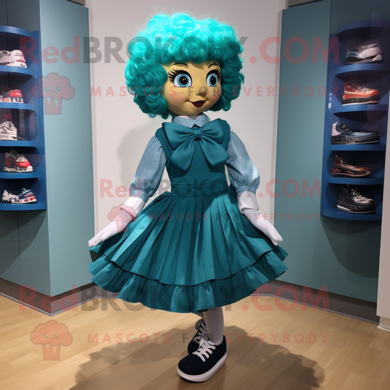 Teal Irish Dancing Shoes mascot costume character dressed with a Pleated Skirt and Bow ties