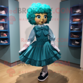 Teal Irish Dancing Shoes mascot costume character dressed with a Pleated Skirt and Bow ties