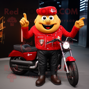 Red French Fries mascot costume character dressed with a Biker Jacket and Clutch bags