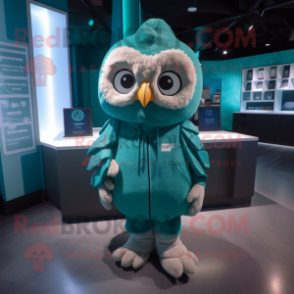 Teal Owl mascot costume character dressed with a Hoodie and Coin purses