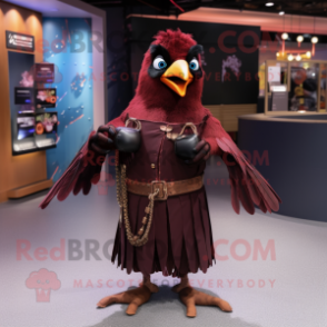 Maroon Blackbird mascot costume character dressed with a Shift Dress and Bracelets