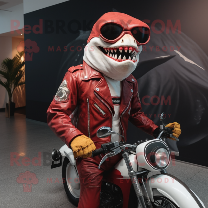 Red Megalodon mascot costume character dressed with a Biker Jacket and Sunglasses