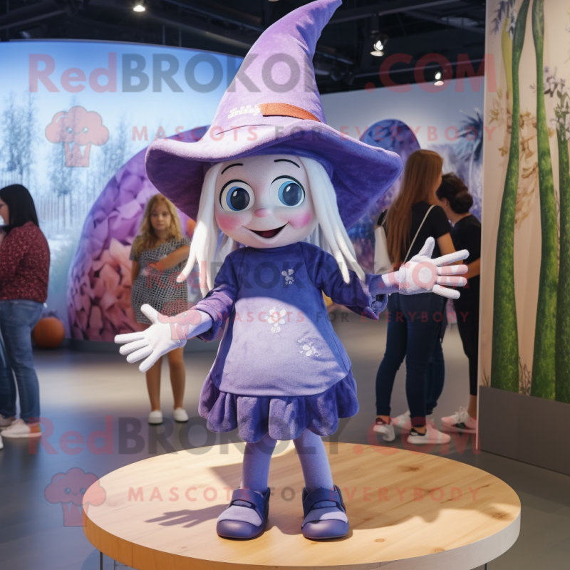 Lavender Witch mascot costume character dressed with a Denim Shorts and Beanies