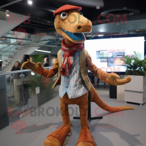 Rust Coelophysis mascot costume character dressed with a Cardigan and Suspenders