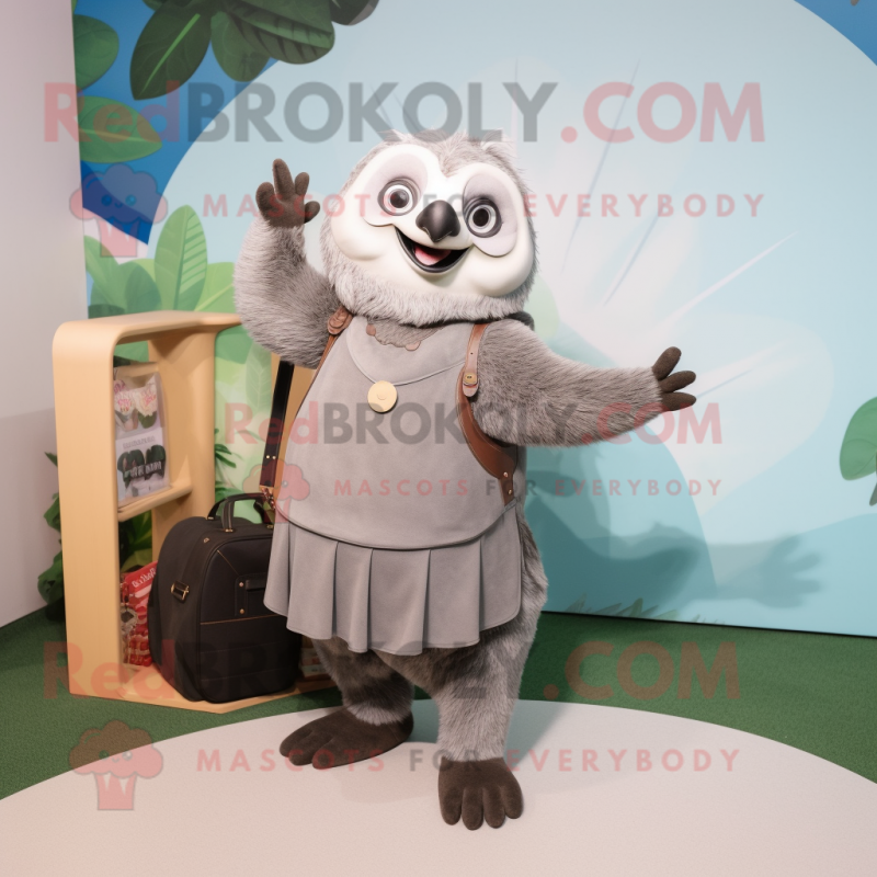 Gray Sloth mascot costume character dressed with a A-Line Dress and Wallets