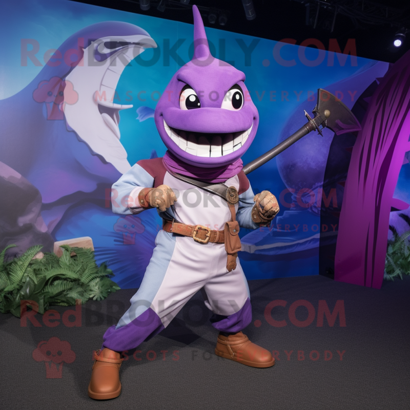 Purple Swordfish mascot costume character dressed with a T-Shirt and Belts