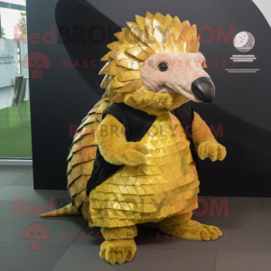 Gold Pangolin mascot costume character dressed with a Vest and Cummerbunds