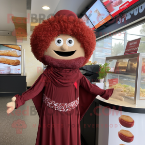 Maroon Falafel mascot costume character dressed with a A-Line Dress and Bracelets