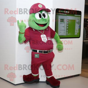 Maroon Green Beer mascot costume character dressed with a Button-Up Shirt and Digital watches