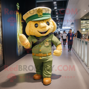 Gold Green Beer mascot costume character dressed with a Cargo Pants and Berets