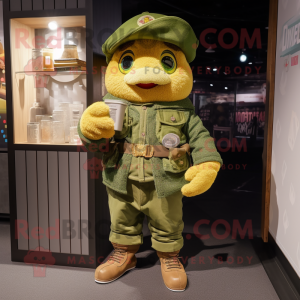 Gold Green Beer mascot costume character dressed with a Cargo Pants and Berets