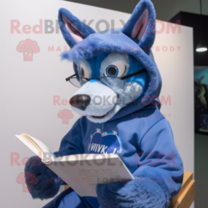 Blue Dingo mascot costume character dressed with a Hoodie and Reading glasses