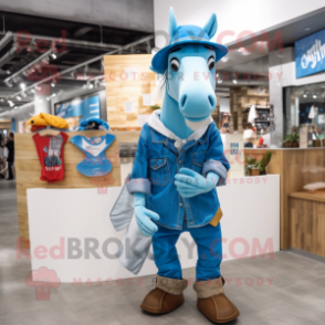 Cyan Quagga mascot costume character dressed with a Boyfriend Jeans and Pocket squares