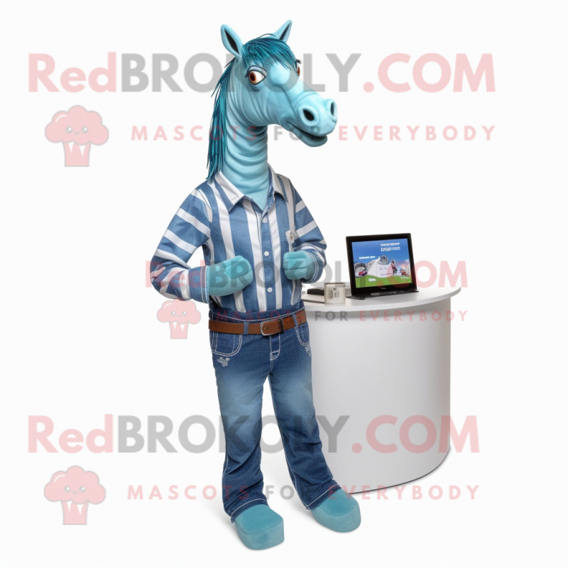 Cyan Quagga mascot costume character dressed with a Boyfriend Jeans and Pocket squares