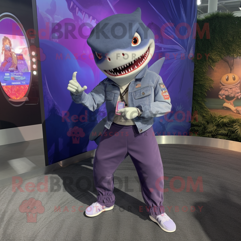 Purple Megalodon mascot costume character dressed with a Blouse and Smartwatches