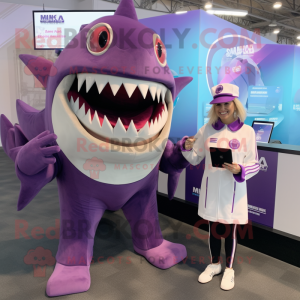 Purple Megalodon mascot costume character dressed with a Blouse and Smartwatches