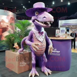 Purple Spinosaurus mascot costume character dressed with a Blouse and Hat pins