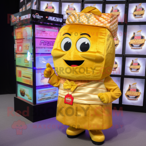 Gold Sushi mascot costume character dressed with a Button-Up Shirt and Wallets