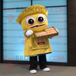Gold Sushi mascot costume character dressed with a Button-Up Shirt and Wallets
