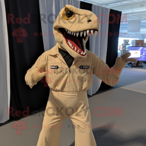 Tan Allosaurus mascot costume character dressed with a Jumpsuit and Lapel pins