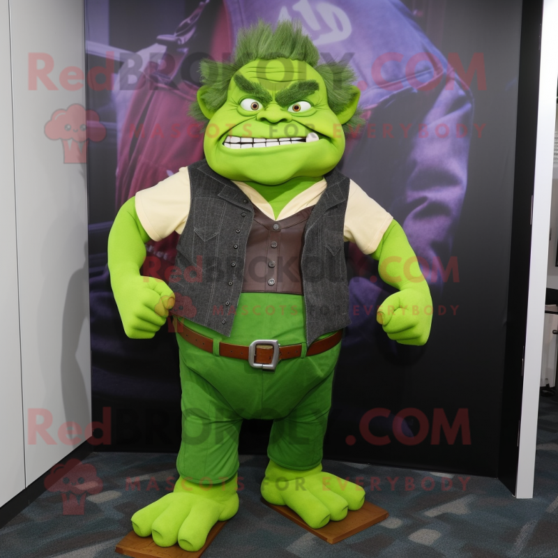 Green Ogre mascot costume character dressed with a Jacket and Suspenders