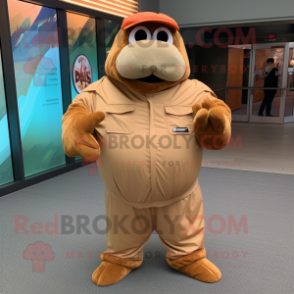 Tan Walrus mascot costume character dressed with a Jumpsuit and Belts
