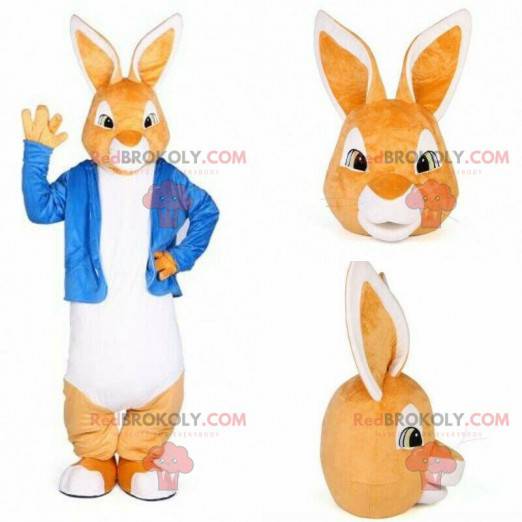 Orange och vit kaninmaskot med en blå jacka - Redbrokoly.com