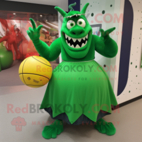 Green Devil mascot costume character dressed with a Ball Gown and Hats