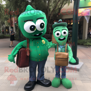 Forest Green Doctor mascot costume character dressed with a Mom Jeans and Messenger bags